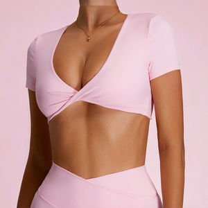 Nouveau crop top populaire à col en V, dos nu, sans coutures, en Spandex/Nylon, avec impression par transfert thermique, à manches courtes, pour la course, le sport et les activités de plein air - Product Image 2
