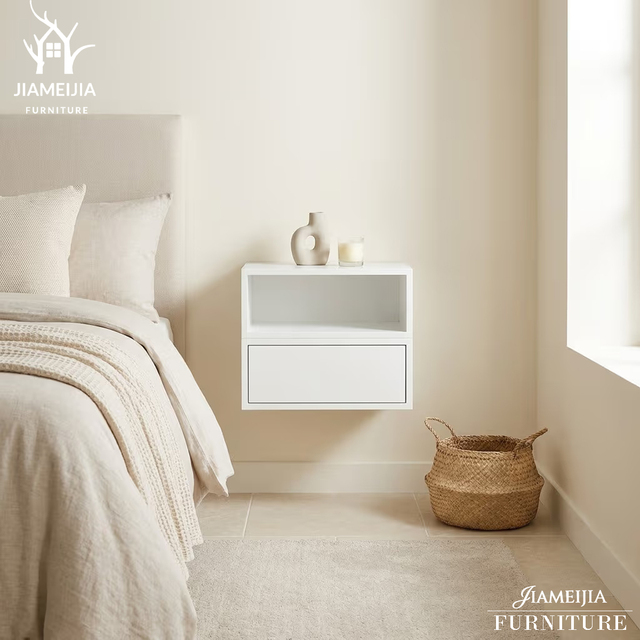 Modern Minimalist Wall Mounted Nightstand White Floating Bedside Table with Drawer and Shelf Bedroom Furniture OEM