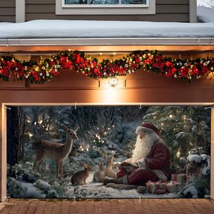 Bannière de Noël pour porte de <span class=keywords><strong>garage</strong></span>, Père Noël lisant à des animaux de la forêt, couverture de porte de <span class=keywords><strong>garage</strong></span> sur le thème des bois enneigés, décorations de fête personnalisables - Product Image 1