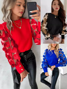 Chemisiers en dentelle tendance pour femmes, manches longues, col rond, chemisier ample décontracté, haut pour femmes printemps-été, blusas élégantes pour femme - Product Image 4