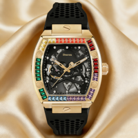 Montre mécanique pour homme Fashion Rainbow Skeleton, étanche, boîtier diamanté, style business, PP Tonneau, bracelet silicone.