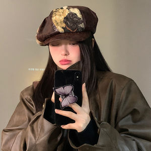 Boina con estampado de cachorro retro para mujer, sombrero octogonal ajustable de pana marrón oscuro, para primavera y otoño - Product Image 1