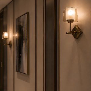 Modern Luxury Antique Brass Wall Sconce With Double Layer Glass, Diamond Base For Hotel Corridor & Bedroom <b>Decor</b> <b>Lighting</b> - Product Image 4