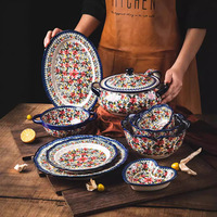 Vaisselle en céramique exotique Daisy Poland, vaisselle créative pour la maison, ensemble de bols et d'assiettes, bol à riz à double oreilles, bol à soupe, assiettes