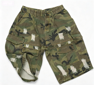 Shorts cargo camouflage pour homme, taille mi-haute, en toile déchirée, style workwear, respirant, 100% coton, fermeture boutonnée - Product Image 5