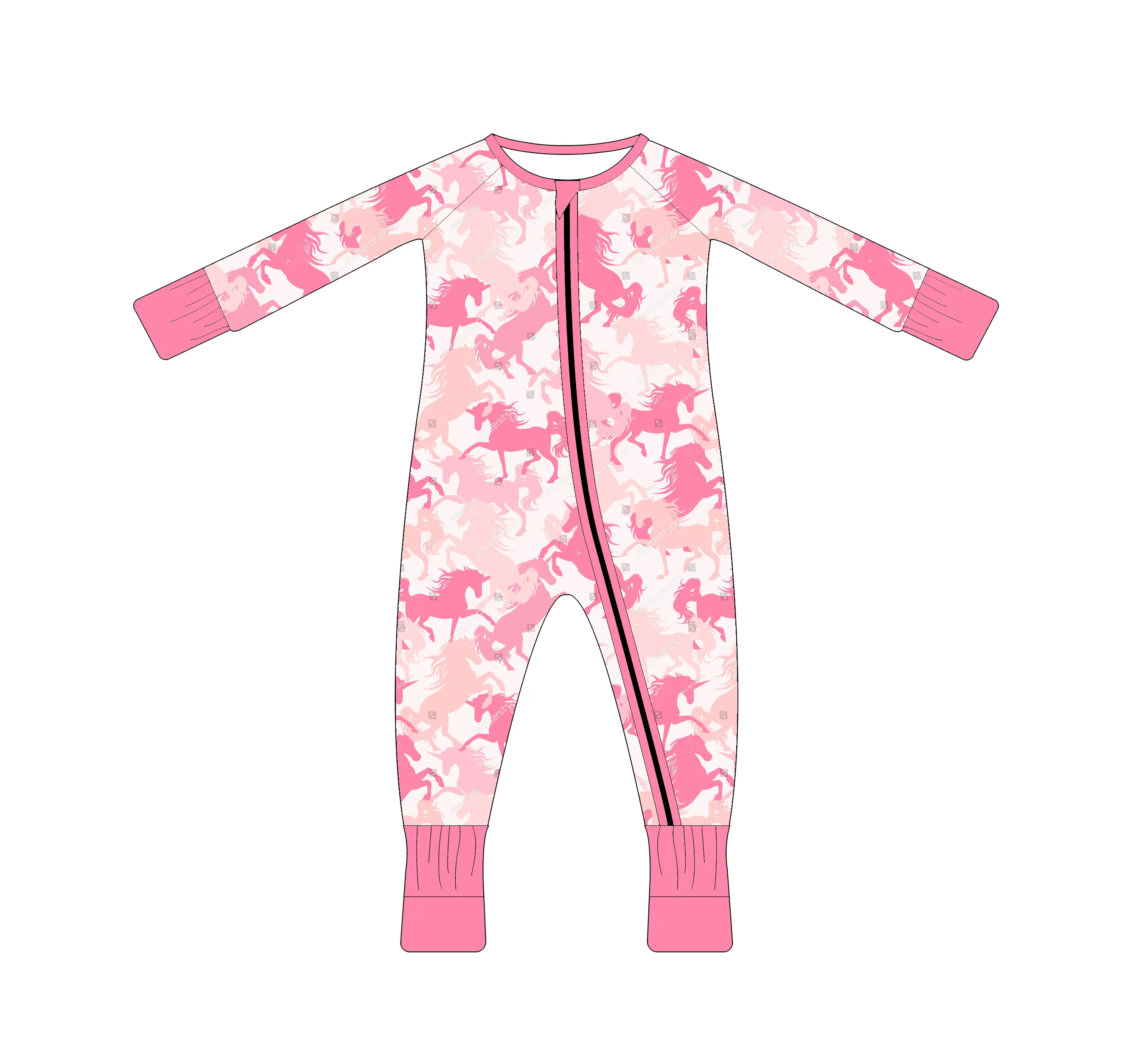 Pijama de bebé de bambú personalizado de manga larga con cremallera de caballo rosa