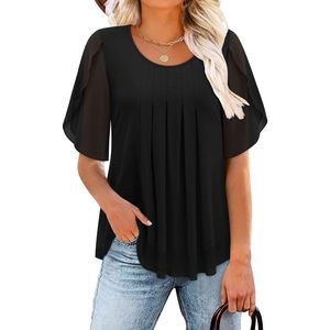 Womens Double Layered Tunic <b>Top</b> Half Sleeve Sheer <b>Flowy</b> Blouse Round Neck Casual Chiffon Shirt Everyday Wear - Product Image 3