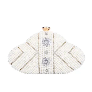 Indian Style Double-sided Handmade Bead Embroidery Fan-shaped Pearl Rice Beads With Rhinestones Handbag Ladies Formal Dinner Bag