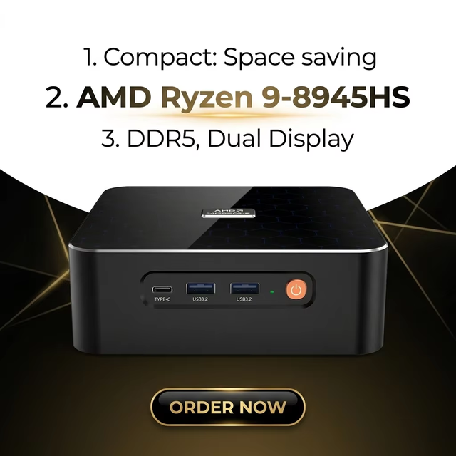 Cheap AMD Ryzen R9-8945HS 8-Core DDR5 SSD/HDD Dual Display HD+DP 45W Win10/116xUSB 2LAN New Stock 3-Year Mini PC