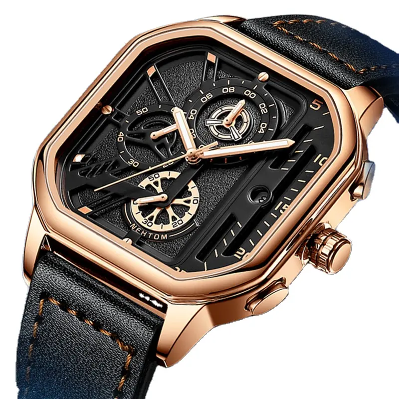 2024 nouveau Design Super populaire montre à Quartz pour hommes avec véritable bande chronographe Sport carré montre-bracelet étanche montre de luxe