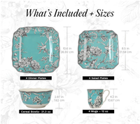 Service de vaisselle en céramique vintage turquoise à motif floral et oiseaux, 16 pièces, assiettes carrées, bols, tasses, cadeau de mariage, vente en gros pour hôtels et restaurants