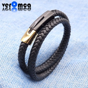 VEROMCA acciaio inossidabile doppio chiusura a scatto nero <span class=keywords><strong>intrecciato</strong></span> in vera pelle da <span class=keywords><strong>uomo</strong></span> <span class=keywords><strong>bracciale</strong></span> avvolgente - Product Image 1