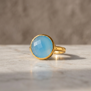 Bague en onyx bleu clair rond, classique et délicate, plaquée or rose, sertie de griffes, style bohème, cadeau de mariage ou d'anniversaire - Product Image 4