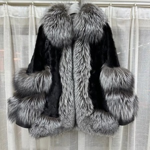 Hot <strong>Sale</strong> New Style Women Warm Natural Real <strong>Mink</strong> Fur <strong>Coat</strong> with Sliver fox Genuine <strong>Mink</strong> <strong>Coat</strong> with Silver fox Fur Trim - Product Image 1