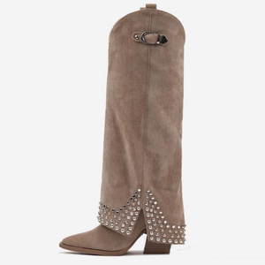 Women Metal Studs Knee High <b>Boots</b> Cowboy Overlay Long Booties Ladies Western Style Chunky Wedge Heels Suede <b>Pants</b> Shoes - Product Image 2