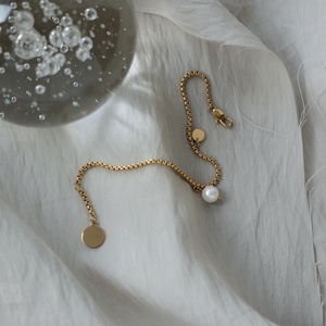 Simple Engrave logo <b>Name</b> Stainless Steel Round Charm Freshwater Pearl Box <b>Chain</b> Bracelet - Product Image 3