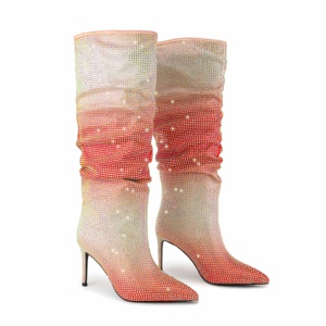 Winter Fashion Women Sexy Pencil High Heel Wide Calf <strong>Boots</strong> <strong>Sparkly</strong> Full Diamond Lady Gradient Satin Fabric Knee High <strong>Boots</strong> - Product Image 4