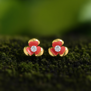 Fine Stud <b>Earrings</b> 316L Stainless Steel PVD Gold Plating <b>Red</b> Flower Design With Diamond Center - Product Image 3