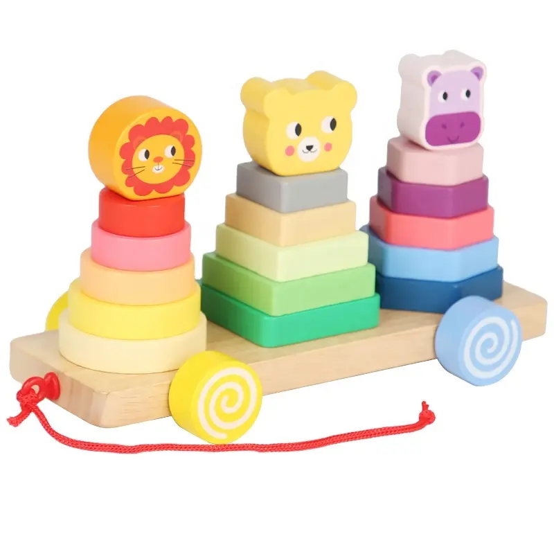 عرض ساخن على لعبة ركب الأعمدة على شكل حيوانات ألعاب ركب هندسية مجموعة ألعاب خشبية تعليمية للأطفال المبكرين لعبة الأعمدة