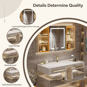 Meuble-lavabo mural moderne pour hôtel et villa, avec vasque simple/double, miroir LED intelligent anti-buée et armoire intégrée, en bois, résistant à l'eau - Product Image 4