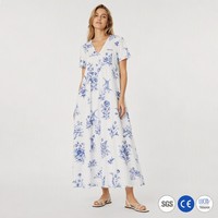 Robe longue femme 100 % coton, col en V, manches courtes, coupe trapèze décontractée, imprimé bleu Delft Porcelaine, artisanat du patrimoine néerlandais, vente en gros