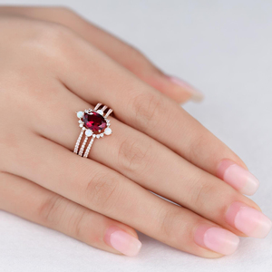 แหวนแต่งงานเงินแท้ 925 ประดับพลอยโกเมนสีแดง แหวนหมั้นโอปอล ชุดแหวนวินเทจ 3 วง ชุดแหวนเจ้าสาวโอปอล - Product Image 5