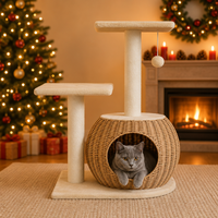 Arbre à chat de luxe classique et moderne, écologique, durable, en rotin, bois et sisal, 2 niveaux, avec griffoir et condo en carton