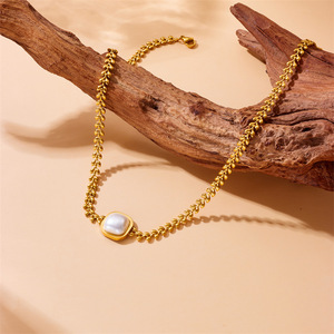 Pearl Square Wheat Ear Chain Gold Plated Necklace Geometric Design Everyday Wear - Product Image 3
