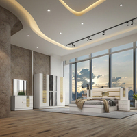 Ensemble de chambre moderne entièrement personnalisé avec lit de rangement, 2 tables de nuit et armoire pour villa, hôtel, hôpital - Design miroir pour la maison