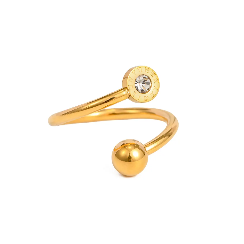 Minimalist Jewelry 18K Gold Plated Roman Number Ring Stainless Steel Cubic Zirconia Ball Cross Open Ring