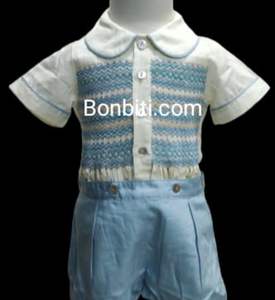Pelele corto azul de alta calidad para bebé, con smock hecho a mano, manga corta, estilo clásico, ropa de verano para bebé OEM - Product Image 5