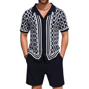 Ensemble chemise et short pour homme, manches courtes, uni, printemps, décontracté, été, coton, tricoté, respirant, haute qualité - Product Image 1