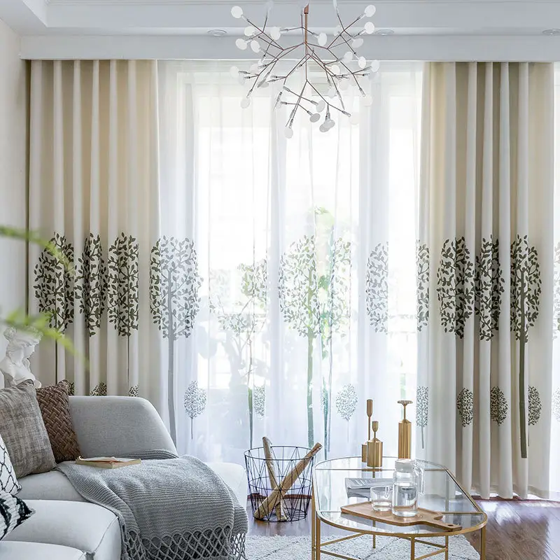American Pastoral Style Tree Printed Drapes and Curtains Ready Made Window Beige Curtain For Living Room Bedroom