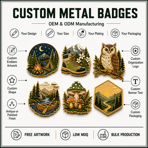 Ensemble de broches personnalisées en émail souple sur le thème de la forêt et de la nature, pour le camping et la randonnée, avec motifs hibou, champignon, canoë, paysage naturel, en métal doré, souvenirs de voyage - Product Image 4