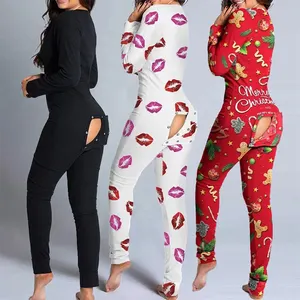 Venta al por mayor de pijamas con entrepierna abierta para adultos con solapa en el trasero personalizado para mujeres pijama de una pieza impresa Onesie