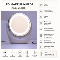 Miroir de maquillage LED double face haute définition avec grossissement 1X 5X, écran tactile et variateur d'intensité pour coiffeuse