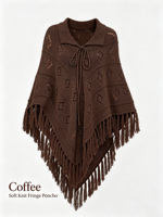 Poncho en tricot ajouré à franges avec col à revers pour femme, châle cape triangulaire doux et respirant