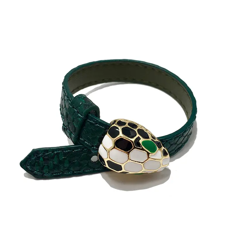 Wholesale Domineering Fashion Jewelry Bracelets Bangles Personality Snake-skin Pattern Drop Oil Snake Head PU Bracelets Leather