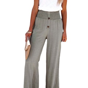 Pantalon long décontracté taille haute boutonné en lin et coton pour femme, grande taille, smocké, élastique, respirant, séchage rapide, collection Printemps 2026 - Product Image 1