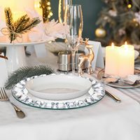 Assiettes de présentation modernes en verre argenté de 13 pouces, écologiques, avec bordure diamantée effet miroir, pour mariages, anniversaires, Halloween, fêtes et événements