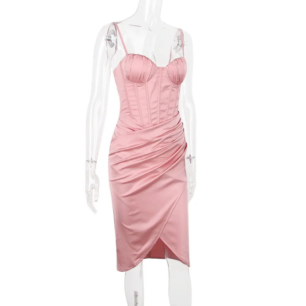 Corset Shape Satin Elegant Sleeveless Midi Dress 2022 Summer Fashion Sexy Party Evening Apparel Women Prom Clothing