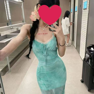 Tie Dye Mesh Patchwork Spaghetti Strap Maxi Dress Green Slim Fit Fishtail Cocktail Dress - Product Image 4