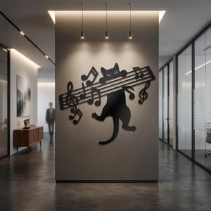 Scultura Contemporanea in Acciaio Inossidabile a Forma di Gatto che Suona Note Musicali, Design a Silhouette con Chiave di Violino, Decorazione per Interni/Esterni, per <span class=keywords><strong>Insegnanti</strong></span> di Pianoforte - Product Image 1