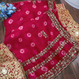 Sari indien pakistanais pour femmes en soie modal, brodé à la main avec des motifs floraux, manches bouffantes, col en V, de haute qualité, réversible, longueur au sol - Product Image 2