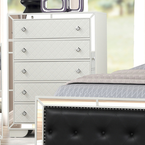 Mesita de Noche Glamorosa Blanca con Espejo, 2 Cajones y Perillas de Cristal con Panel Acolchado para Dormitorio - Product Image 3