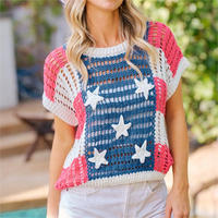 Haut en crochet à rayures étoilées patriotiques pour femmes, pull d'été drapeau américain pour le 4 juillet