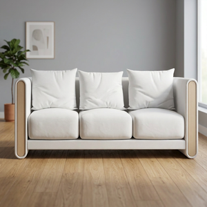Canapé trois places minimaliste avec revêtement en tissu et accoudoirs en bois pour salon - Product Image 3
