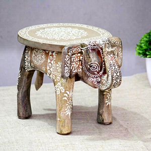 Handmade Wooden <b>Elephant</b> Stool With White Floral Carving Bohemian Style Indoor Decor For Living Room Stool02 - Product Image 1
