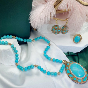 New <strong>Necklace</strong> Earrings <strong>Ring</strong> Fashion Jewelry Luxury Bohemian Natural Oval Turquoise <strong>Beads</strong> Jewelry Sets for Women - Product Image 1