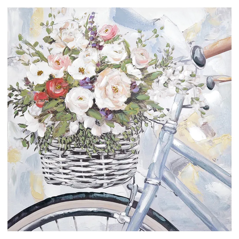 Flowers and Bicycle Artwork Canvas Painting Hand Painted ,Floral Wall Art On Canvas For Home Decor